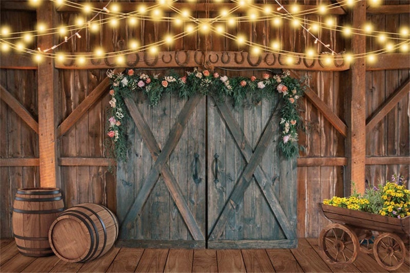 Leowefowa Shabby Chic Countryside Wedding Backdrop 10x8ft Rustic Floral Barn Door Light Strings Barrels Photography Background Bridal Shower Photo Booth Western Themed Party Banner Studio Props - Image 5